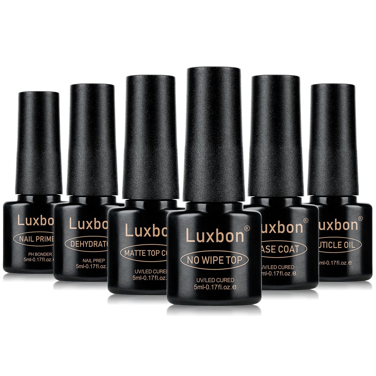 Luxbon 6 Pcs 5ml No Wipe Gel Top Coat and Base Coat Set - Cuticle Oil, Nail Primer Dehydrator, Matte Top Coat, Long Lasting, Shine Finish, UV LED Nail Lamp Soak Off Gel Base Top Coat Manicure-Velvo Beauty