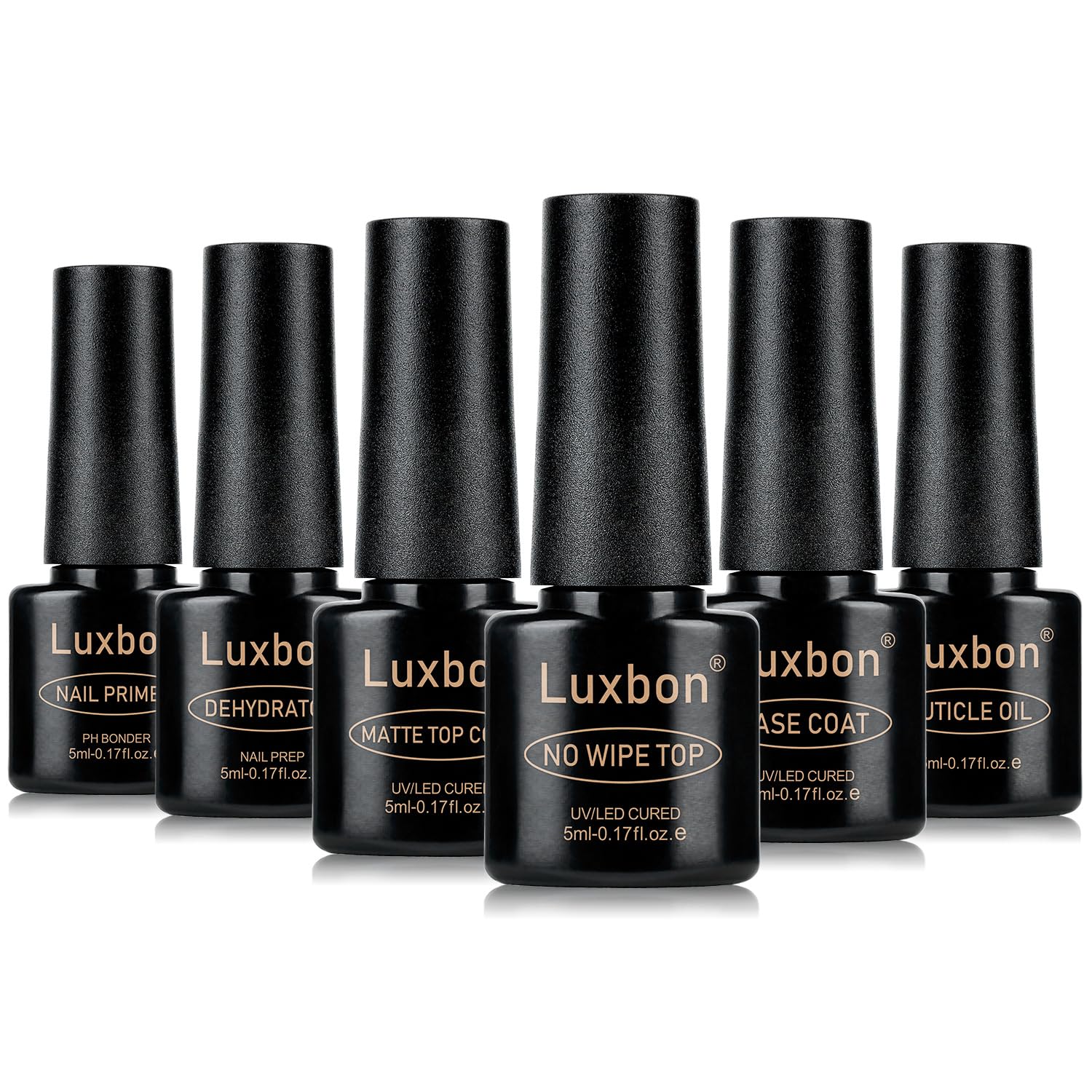 Luxbon 6 Pcs 5ml No Wipe Gel Top Coat and Base Coat Set - Cuticle Oil, Nail Primer Dehydrator, Matte Top Coat, Long Lasting, Shine Finish, UV LED Nail Lamp Soak Off Gel Base Top Coat Manicure-Velvo Beauty