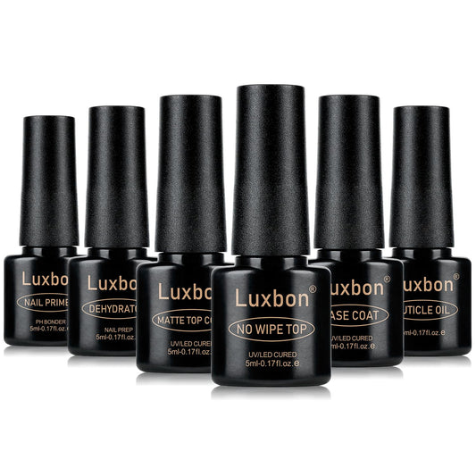Luxbon 6 Pcs 5ml No Wipe Gel Top Coat and Base Coat Set - Cuticle Oil, Nail Primer Dehydrator, Matte Top Coat, Long Lasting, Shine Finish, UV LED Nail Lamp Soak Off Gel Base Top Coat Manicure-Velvo Beauty