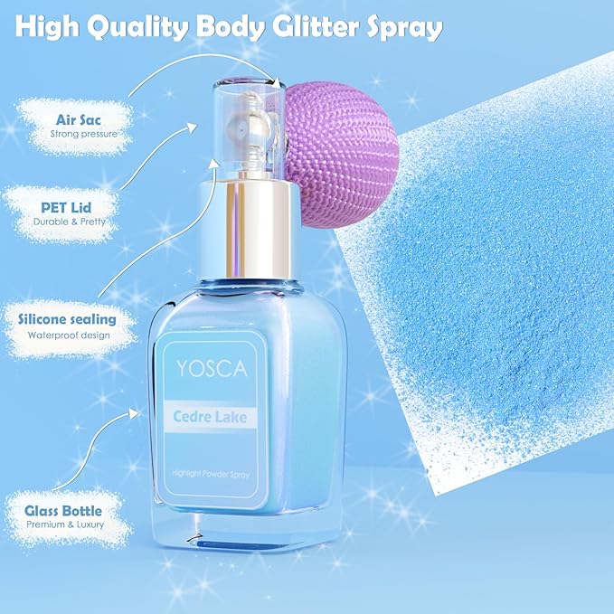 Yosca Highlighter Powder Spray, 20ML Cosmetic Grade Shimmer Powder Blue Glitter Spray Sparkle Highlighter Makeup Festival Concert Accessorise for Rave Clothes Hair Face Nail Art - Cedre Lake-Velvo Beauty