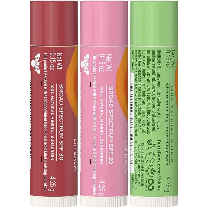 Burt's Bees Sun Care Lip Balm Pack, SPF 30 Tinted Lip Balm, After Sun Lip Balm, Water-Resistant Lip Moisturizer, Wild Peony, Sienna Rose, Natural Origin Lip Care, 3 Tubes, 0.15 oz.-Velvo Beauty