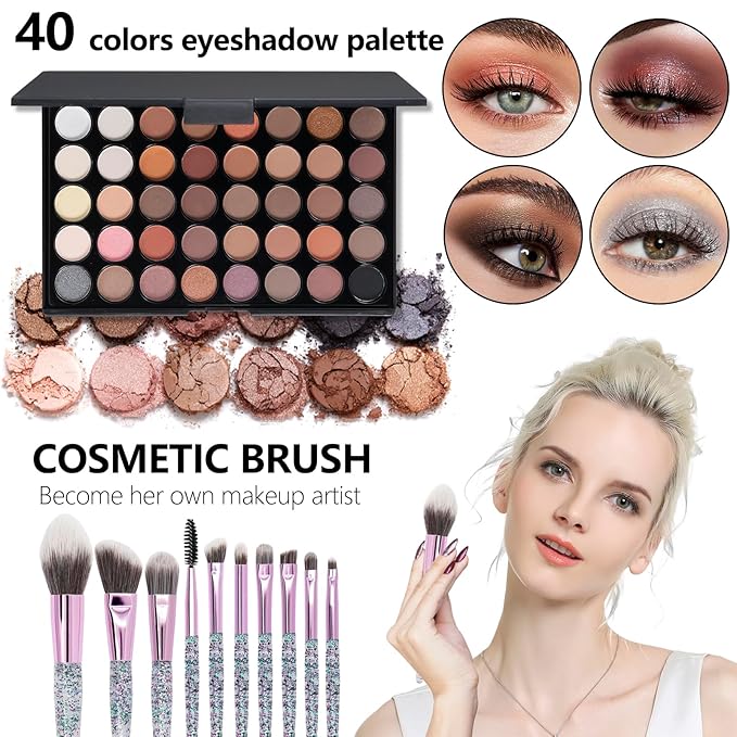 All In One Makeup Kit,Full Makeup Set For Wonmen Includes 40 Colors Eyeshadow Palette Lip Gloss Liquid Lipstick Make up Sponge Brushes Eyebrow Concealer With Makeup Bag-Velvo Beauty