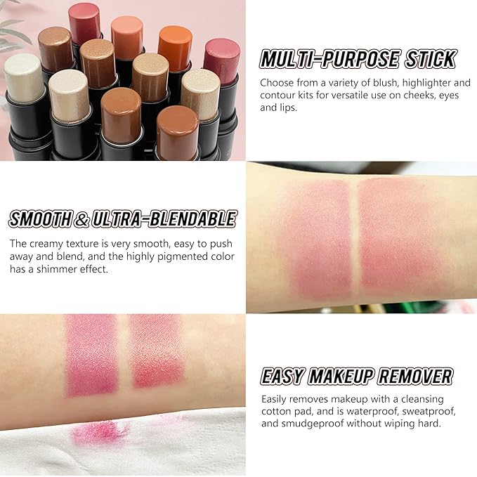 2 Pcs Cream Blush Stick Makeup Kit, Natural Shimmer & Matte Stick Blush Wand for Cheeks, Lightweight Blendable Silky Cream Blush Makeup -Shimmer Blush (#01 Shimmer Pink #04 Shimmer Fuchsia)-Velvo Beauty