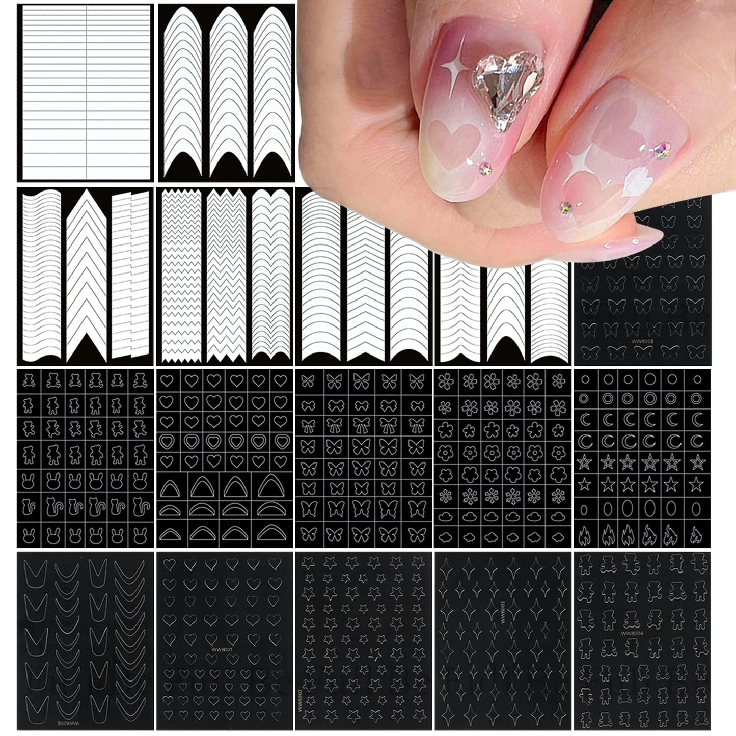 SILPECWEE 17 Sheets Airbrush Stencils for Nails French Tip Nail Guide Nail Design Stickers Bear Butterfly Heart Star Nail Art Stickers Decals Printing Template Tool Manicure Strips Nails Decoration-Velvo Beauty