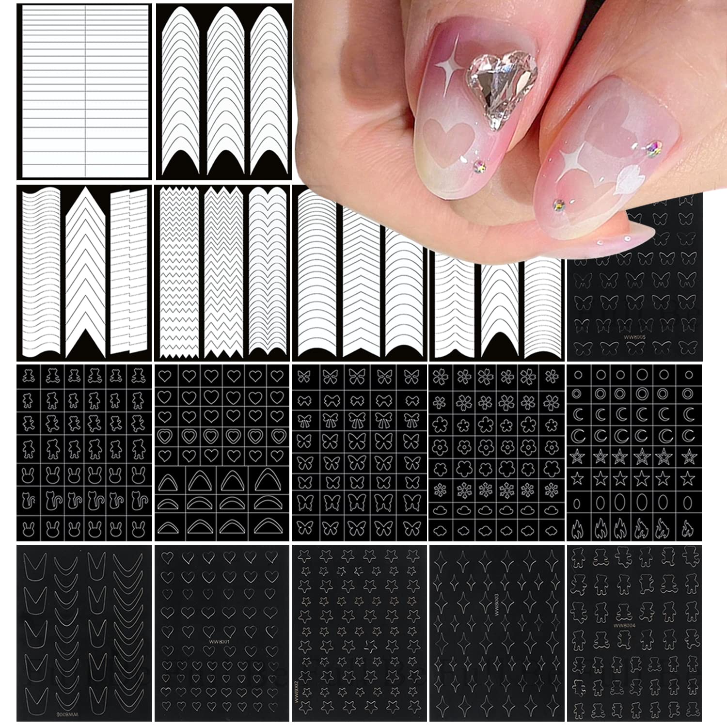 SILPECWEE 17 Sheets Airbrush Stencils for Nails French Tip Nail Guide Nail Design Stickers Bear Butterfly Heart Star Nail Art Stickers Decals Printing Template Tool Manicure Strips Nails Decoration-Velvo Beauty