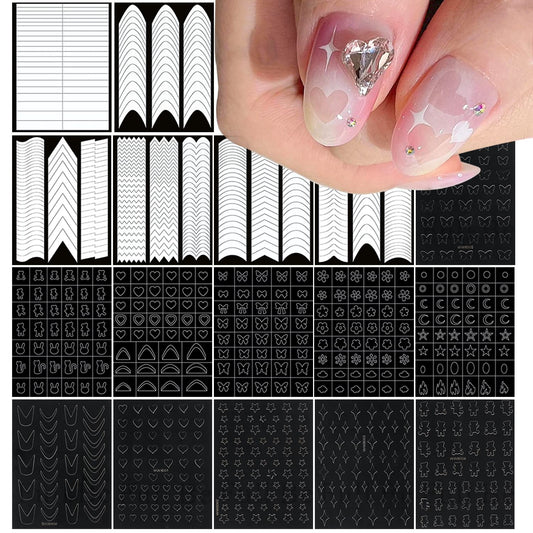SILPECWEE 17 Sheets Airbrush Stencils for Nails French Tip Nail Guide Nail Design Stickers Bear Butterfly Heart Star Nail Art Stickers Decals Printing Template Tool Manicure Strips Nails Decoration-Velvo Beauty