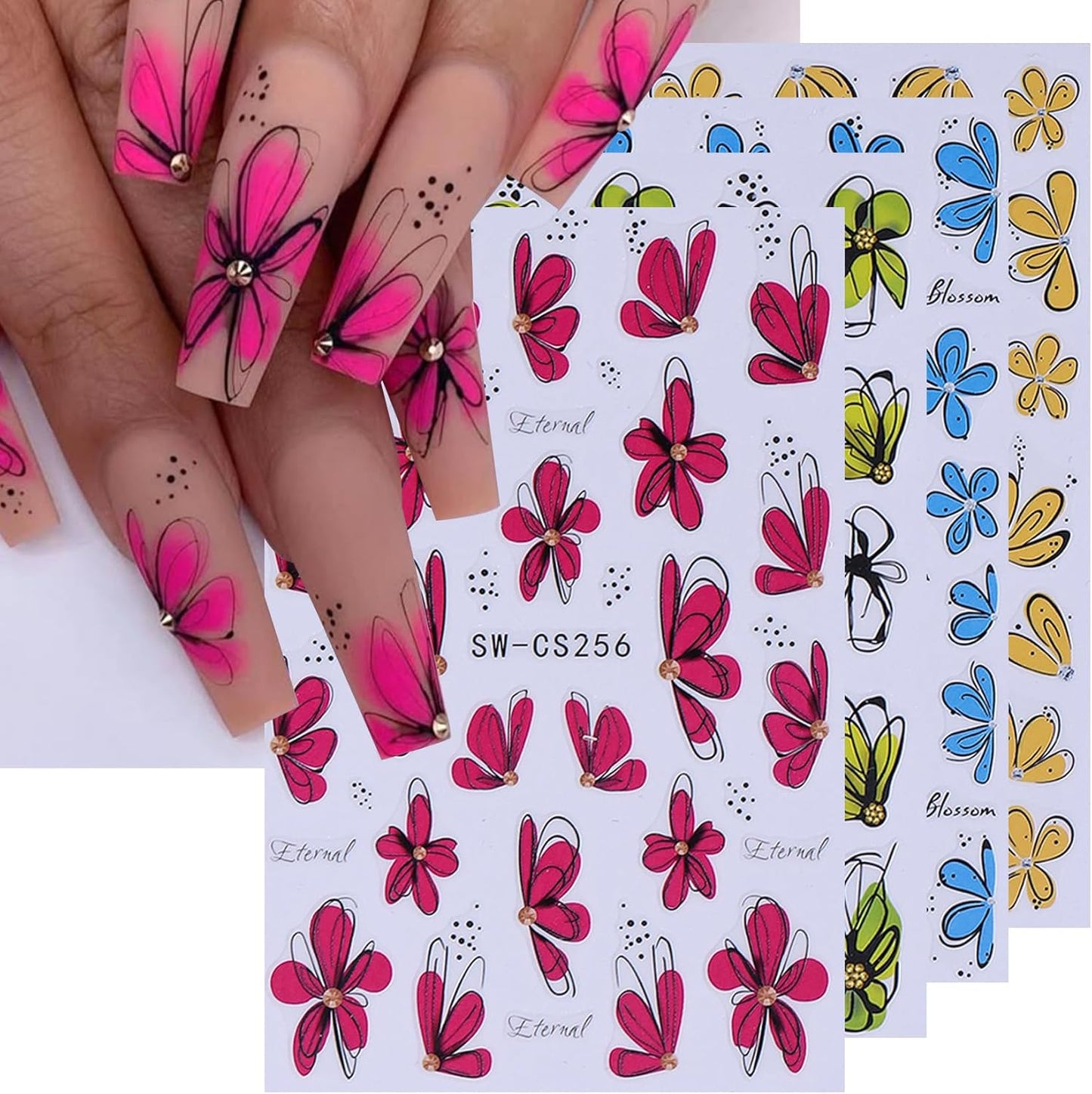 Flower Petal Nail Art Sticker 12 PCS Simple French Floral Nail Decals Lily Orchid Leaves Flamingo Designs with Tweezers Hot Pink Blue Purple Green Flower Sliders Nail Art Decoration DIY Accessories-Velvo Beauty