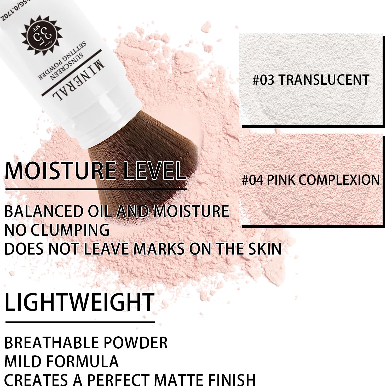 Sunscreen Setting Powder SPF 35, Mineral Brush Powder for Face & Scalp, Oil Control Natural Matte Finish Loose Powder Translucent Lasting Lightweight Breathable for All Skin (04# Pink Complexion)-Velvo Beauty