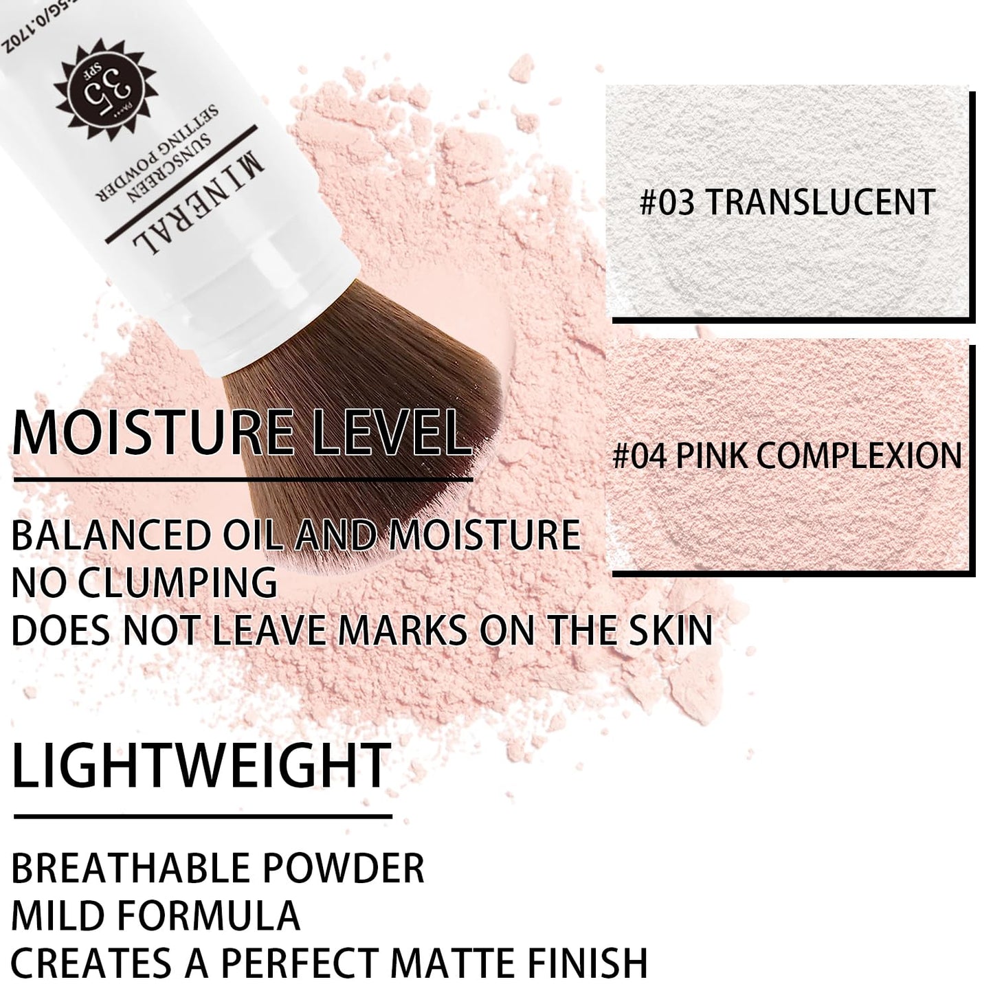 Sunscreen Setting Powder SPF 35, Mineral Brush Powder for Face & Scalp, Oil Control Natural Matte Finish Loose Powder Translucent Lasting Lightweight Breathable for All Skin (03# White)-Velvo Beauty