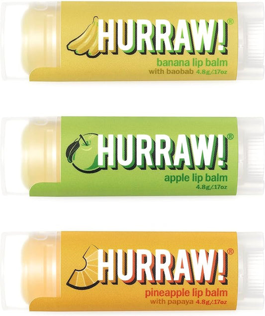 Hurraw! Banana, Apple, Pineapple Lip Balms, 3 Pack Bundle: Organic, Certified Vegan, Cruelty and Gluten Free. Non-GMO, 100% Natural. Bee, Shea, Soy & Palm Free. Made in USA-Velvo Beauty