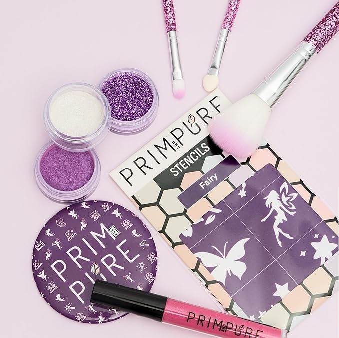 Prim and Pure Kids Makeup Gift Set - Stencil, Makeup Eyeshadow Bioglitter Lip Gloss and Cosmetic Bag Mirror Makeup Brush Accessories (Fairy Purple)-Velvo Beauty