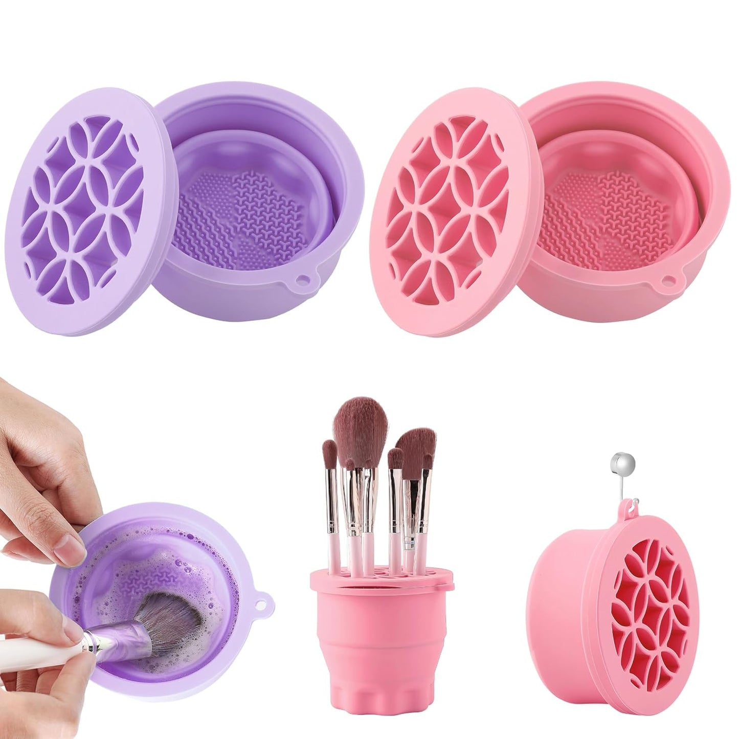 Makeup Brush Cleaner - Foldable Silicone Makeup Brush Cleaner Mat with Brush Storage Holder Makeup Brush Cleaning Bowl Cosmetic Brush Washing Tool for Cleaning Organizer and Drying (Purple and Pink)-Velvo Beauty