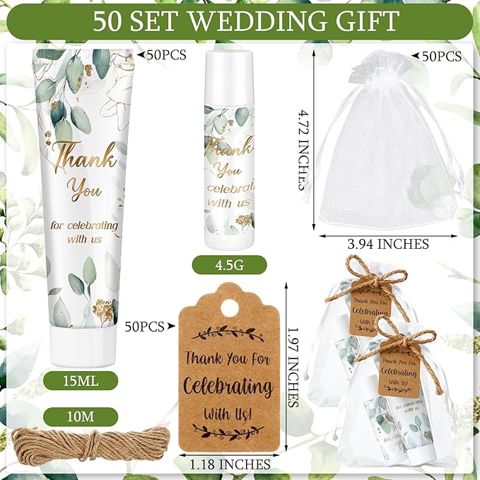 200 Pcs Baby Shower Wedding Party Favors Gift Set, 50 Pcs Baby Shower Hand Cream and 50 Lip Balm for Wedding Bridesmaid Guests Gift Supplies with 50 Organza Bag 50 Thank You Tag(Eucalyptus)-Velvo Beauty