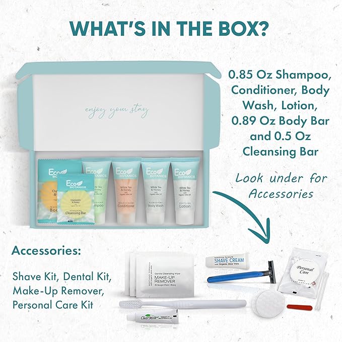 Eco Botanics Amenity & Accessory Kit | 0.85 oz Travel Size Shampoo, Conditioner, Lotion, Body Wash, Body Bar, Cleansing Bar, Shave & Dental Sets, Make-Up Remover Wipes, & Vanity Kit | 1 set per case-Velvo Beauty