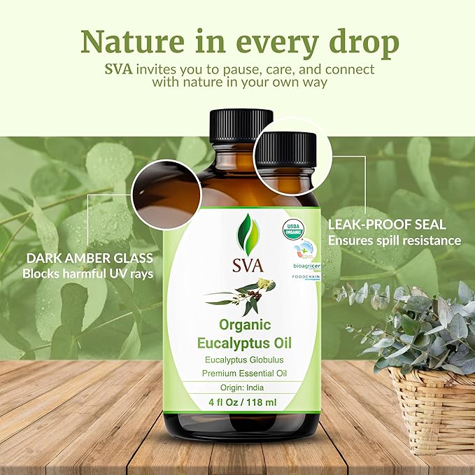 SVA Eucalyptus Essential Oil Organic – 4 Fl Oz – 100% Natural Organic Eucalyptus Oil - for Diffuser, Hair, Face, Skin Care, Aromatherapy, Scalp and Body Massage, Soap and Candle Making - with Dropper-Velvo Beauty