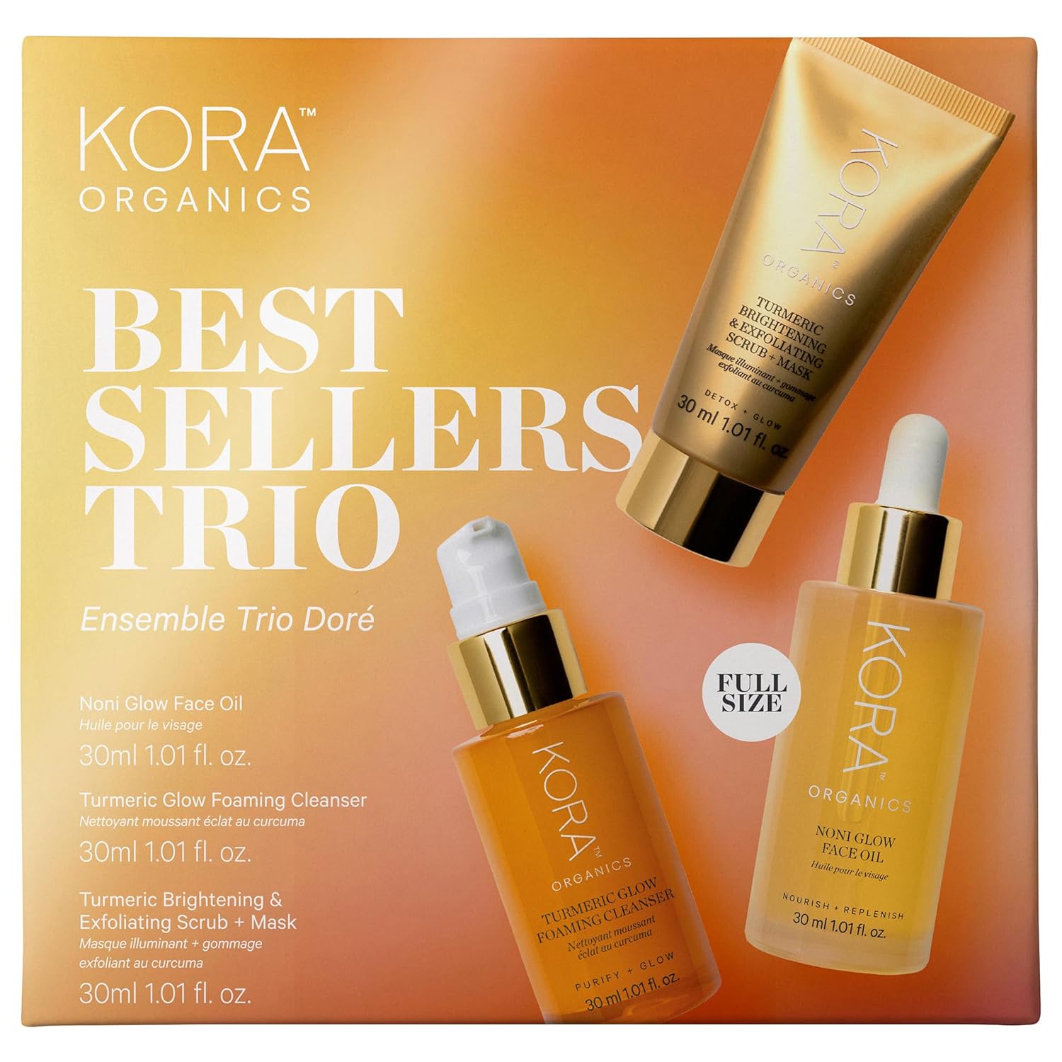 KORA Organics Best Sellers Trio, Gift Set with Noni Glow Face Oil, Turmeric Brightening & Exfoliating Mask and Foaming Cleanser (3 Items)-Velvo Beauty