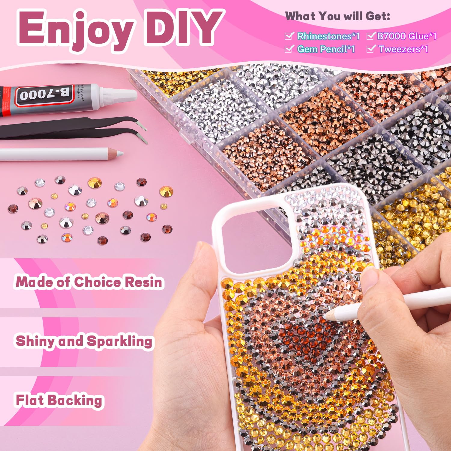 20000Pcs Metallic Rhinestones for Bedazzling with 1Pcs B7000 Jewelry Glue, Resin Rhinestones for Crafting Crafts DIY, Bedazzler Kit Gems for Clothing Shoes Tumblers Nail Art Assorted Size 3/4/5/6mm-Velvo Beauty