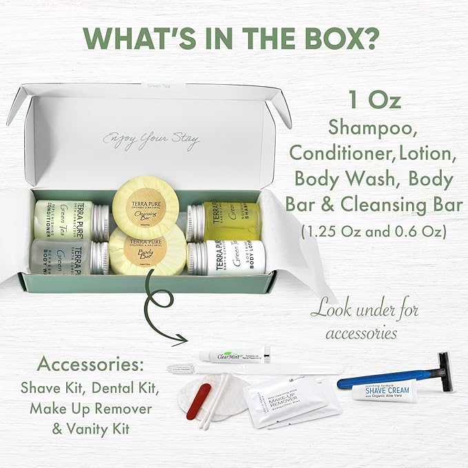 Terra Pure Green Tea Amenity & Accessory Kit | 1 oz Travel Size Shampoo, Conditioner, Lotion, Body Wash, 2 Soap Bars, Shave & Dental Sets, Make-Up Remover Wipes, & Vanity Kit | 1 set per case-Velvo Beauty
