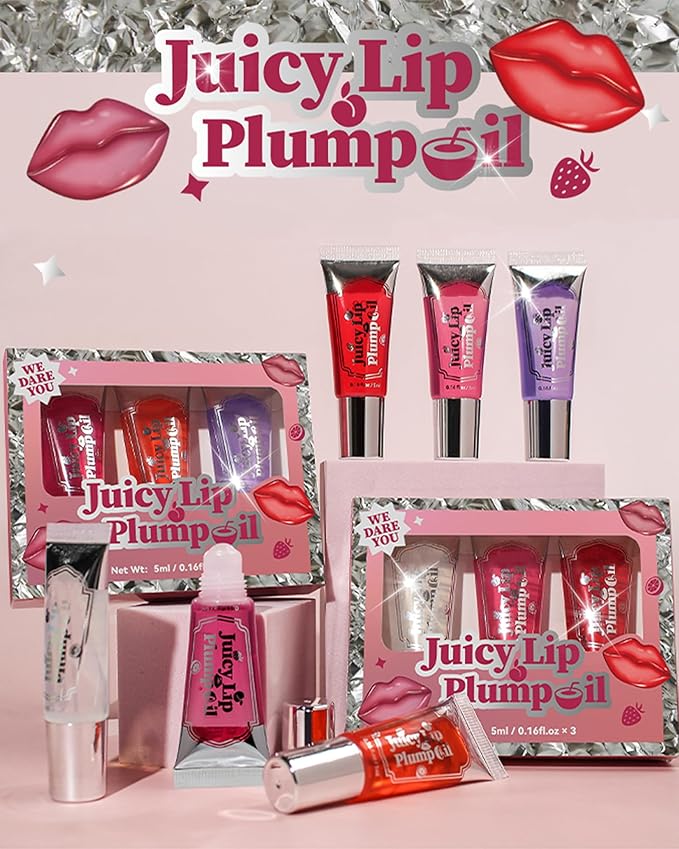 Plumping Lip Oil Kit-3Pcs Hydrating Glossier Tinted Lip Gloss,Long Lasting Lip Plumper and Pout Booster LIpgloss, Moisturizing Non-Sticky Natural Fuller Lip Tint Stain, Makeup Gift for Women-Set B-Velvo Beauty