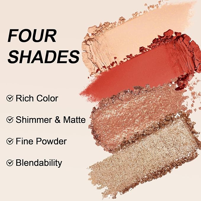 Erinde Quads Matte Eye Shadow Powder Makeup Palette, Nude Neutral Brown & Champagne Pink Shimmer Eyeshadow, Long Wearing Waterproof Everyday Eye Makeup, sombras de ojos, Maple Champagne-Velvo Beauty