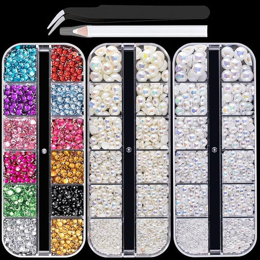 Flat Back Rhinestone+Half Round Pearl Kits Colorful Rhinestones+White AB+Beige AB Pearls With Picker Pencil And Tweezer For Home DIY And Professional Use-Velvo Beauty