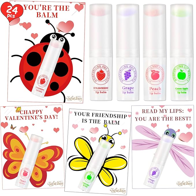 24 Pack Valentines Day Gifts for Kids lip balm bulk,chapstick bulk,party favors for kids boys girls,Natural Moisturizing Lip Balm for dry cracked lips,goody bag filler,Wedding Gifts-Velvo Beauty