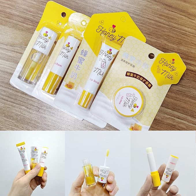 4 Piece Honey Milk Lip Mask Lip Balm Lip Scrub Lip Oil Lip Care Kit, Moisturizing & Nourishing Dry and Cracked Lips, Overnight Sleeping Lip Exfoliator Lip Moisturizer Lip Repair-Velvo Beauty