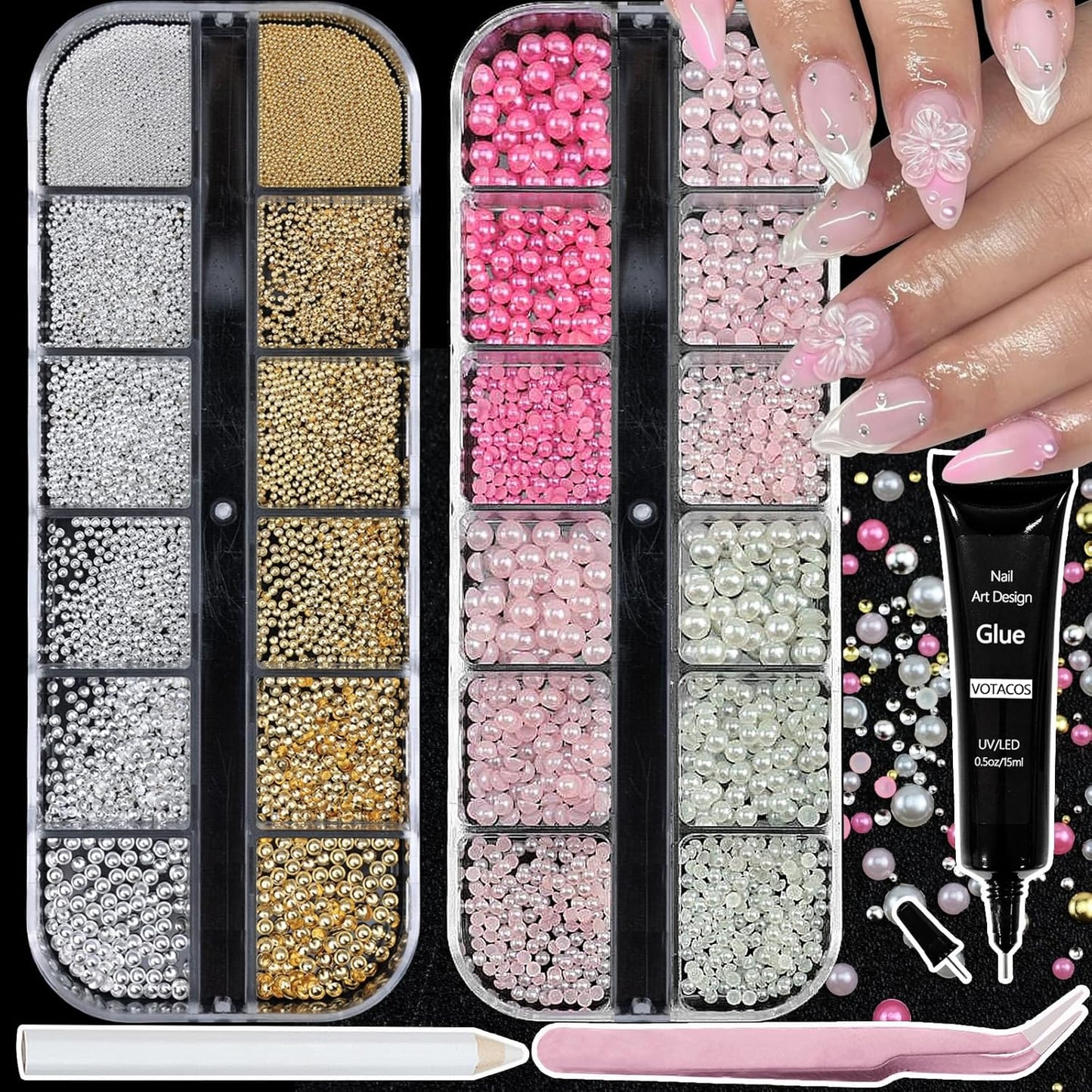 Nail Art Pearls with Glue Gel Flatback Pink Red 4 Colors Nail Charms Pearls Mixed Size 0.03-0.18in Nails Gems Pearl Accessories for Women Nails Design Decoration-Velvo Beauty