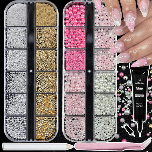 Nail Art Pearls with Glue Gel Flatback Pink Red 4 Colors Nail Charms Pearls Mixed Size 0.03-0.18in Nails Gems Pearl Accessories for Women Nails Design Decoration-Velvo Beauty