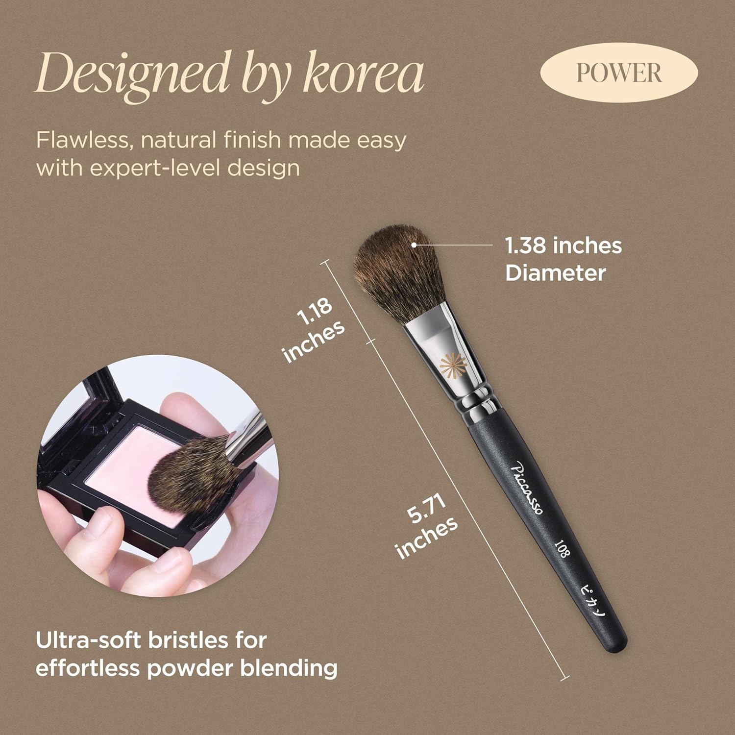 Piccasso 108 Blusher Brush – Soft Gray Squirrel Hair for Smooth and Natural Cheek Makeup, Fluffy Powder Applicator with Excellent Color Payoff, Small Face Brush for Daily Use, Professional Beauty-Velvo Beauty