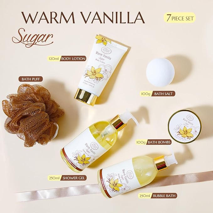 Bath and Body Warm Vanilla Sugar Spa Gifts for Women, with Shower Gel, Bubble Bath, Body Lotion, Bath Bomb, Bath Salt, Spa Basket Gift Set for Women, 7pcs Set Gifts-Velvo Beauty