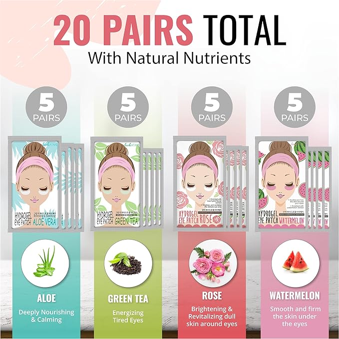 Eye Mask for Puffiness - Under Eye Patches for Dark Circles - Korean Under Eye Mask Patches for Puffy Eyes - Eye Gel Pads Depuffing Eye Brightener, Caffeine, Hydrogel & Collagen (20 Pairs)-Velvo Beauty