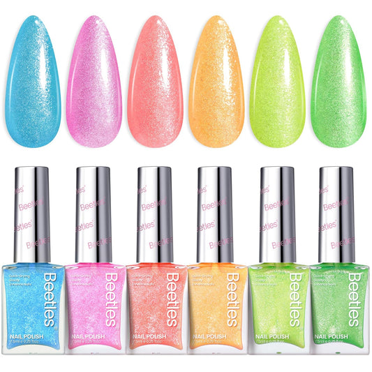 Beetles Neon Nail Polish Set, 6 Colors Glitter Nail Polish Kit Shimmer Pink Blue Green Yellow Orange Neon Fever Quick Dry Fingernail Polish Gifts for Women Salon DIY Manicure Kit-Velvo Beauty