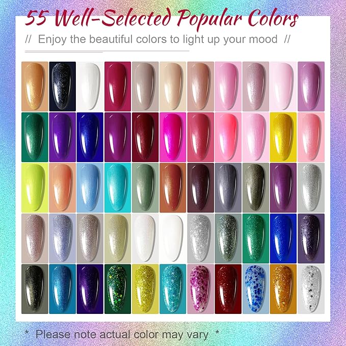 JODSONE 60 PCS Gel Nail Polish Starter Kit With U V Light 55 Kinds Of Color Glitter Gel Polish No Wipe Base And Glossy Matte Top Coat Easy To Apply-Velvo Beauty
