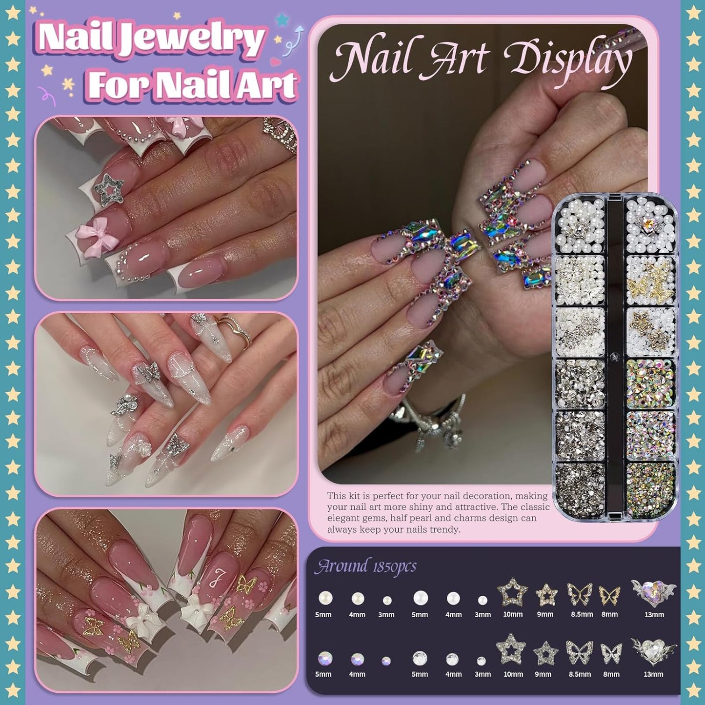 Rhinestones, AB Crystal Nail Gems Pink Opal Nail Rhinestones with Aurora Bubble Beads Pearls Star Heart Bows Nail Charms and Rhinestone Picker Tools for Kwaii Y2K Nail Art Decor - 3 Boxes-Velvo Beauty