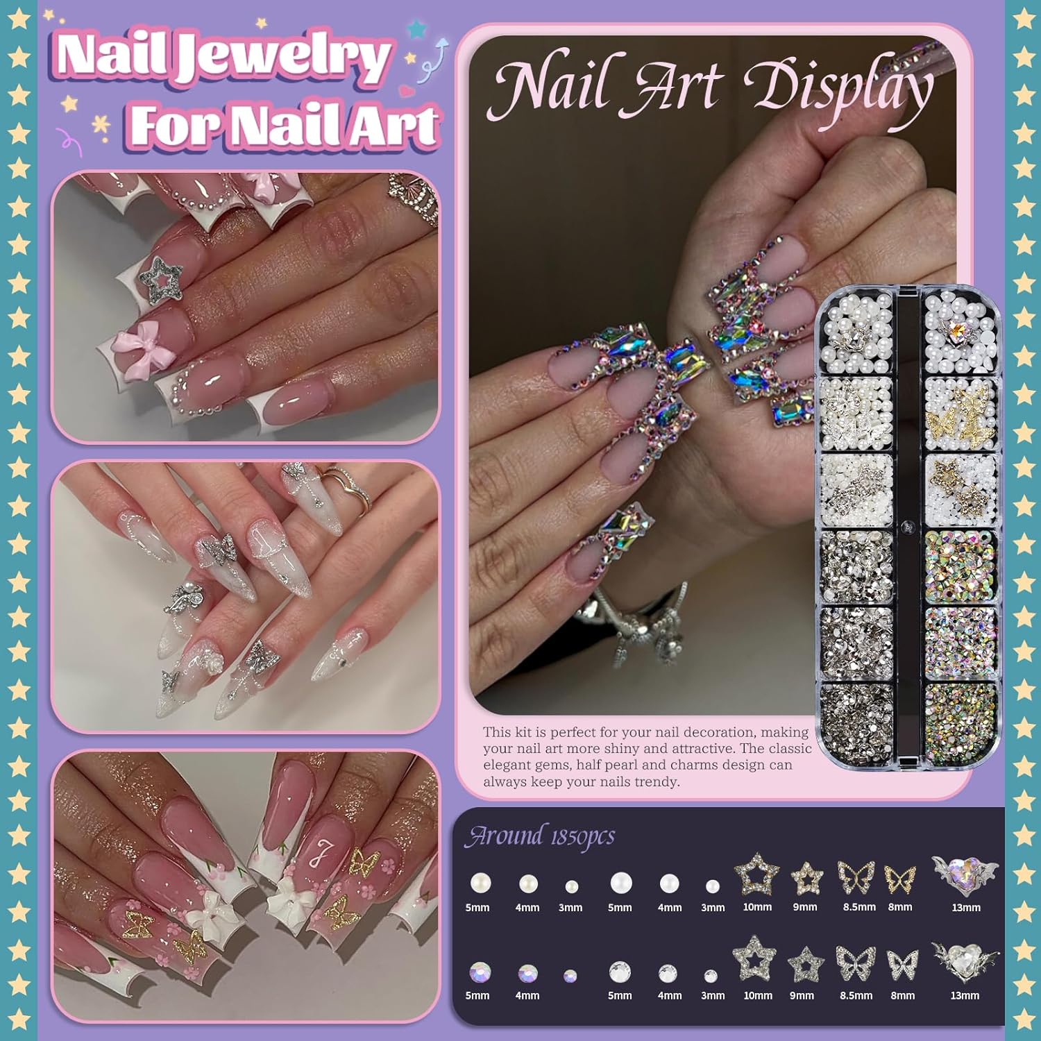 Rhinestones, AB Crystal Nail Gems Pink Opal Nail Rhinestones with Aurora Bubble Beads Pearls Star Heart Bows Nail Charms and Rhinestone Picker Tools for Kwaii Y2K Nail Art Decor - 3 Boxes-Velvo Beauty