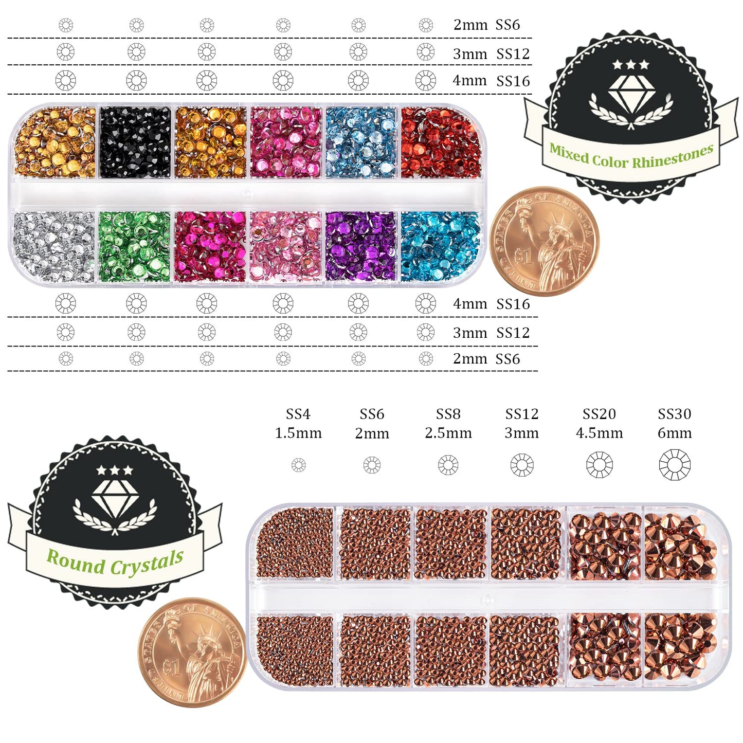 Two Packs of Flatback Rhinestones 4520 Pcs Colorful Nail Art Rhinestones Flatback Crystal Colorful+Rose Gold Rhinestone with Picker Pencil and Tweezer for Nail Art and Decoration-Velvo Beauty