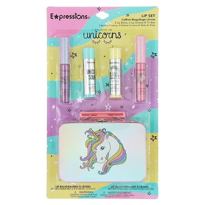Expressions - 5pc Cosmetics Lip Kit For Kids w/Lip Glosses, Lip Balms & Tin Box Storage Case,I Believe in Unicorns Hologrpahic,Washable + Non Toxic-Velvo Beauty