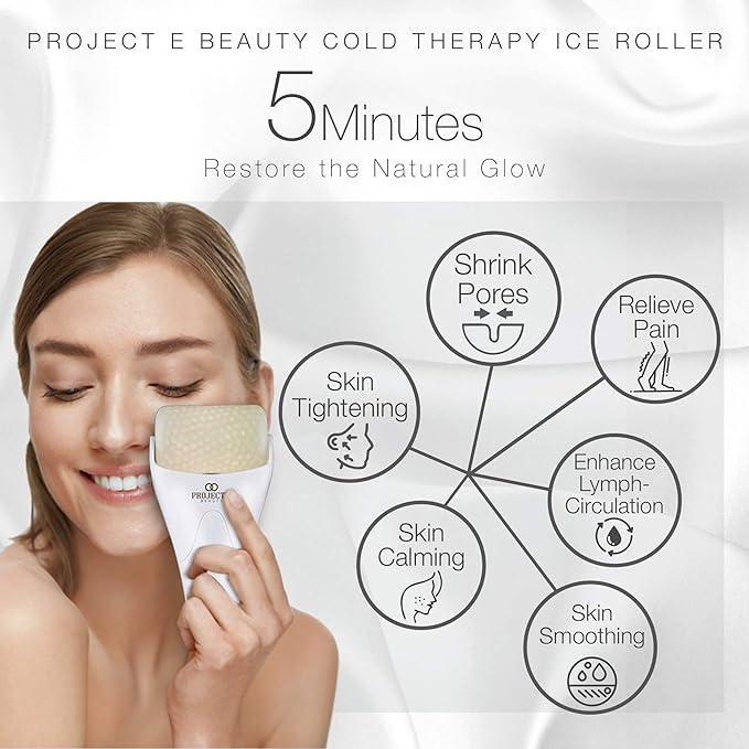 Ice Roller Cold Therapy by Project E Beauty | Reduce Under Eye Puffiness & Dark Circles | Tightens & Firms Skin | Diminish Wrinkles | Pain Relief | Muscle Soreness | Redness (Face & Body Roller)-Velvo Beauty
