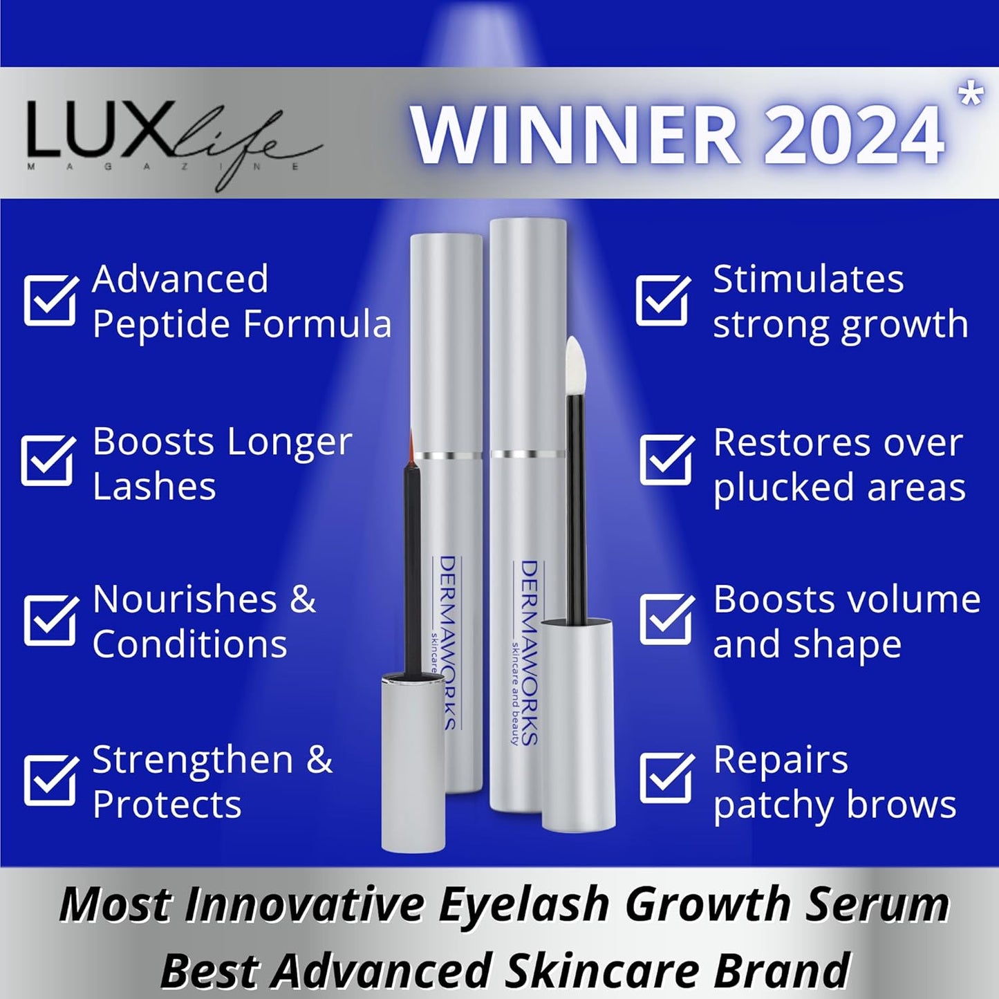 LASH SERUM 3ml + EYEBROW GROWTH SERUM 5ml - Advanced Lash and Brow Growth Formula for Longer, Fuller, Natural Lashes & Thicker, Shapely Brows - Suero para Pestañas Crecimiento y Cejas by DERMAWORKS-Velvo Beauty