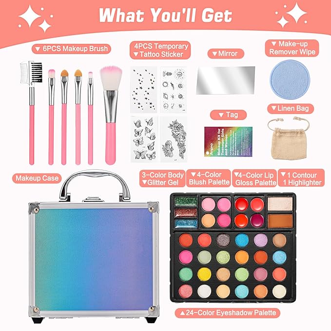 Anpro All-In-One Makeup Carry Case with Pro Teen Makeup Set, Full Starter Cosmetics Kit with Makeup Brushes, Eye Shadows Palette, Blushes, Glitter Gel, Temporary Tattoo Stickers - Blue-Velvo Beauty