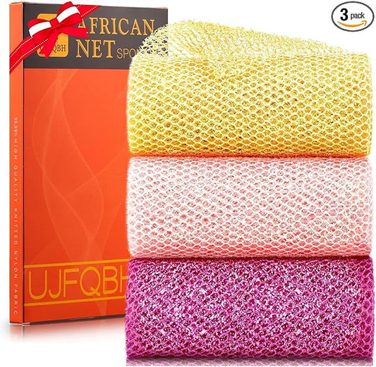 3 Piece Bright Style African exfoliating net Exfoliating Shower Set Long Bath Sponges for Smooth, Refreshed Skin, The Exterior Gleams - Ideal for Daily Use (Bright Yellow, Pink, Purple)-Velvo Beauty