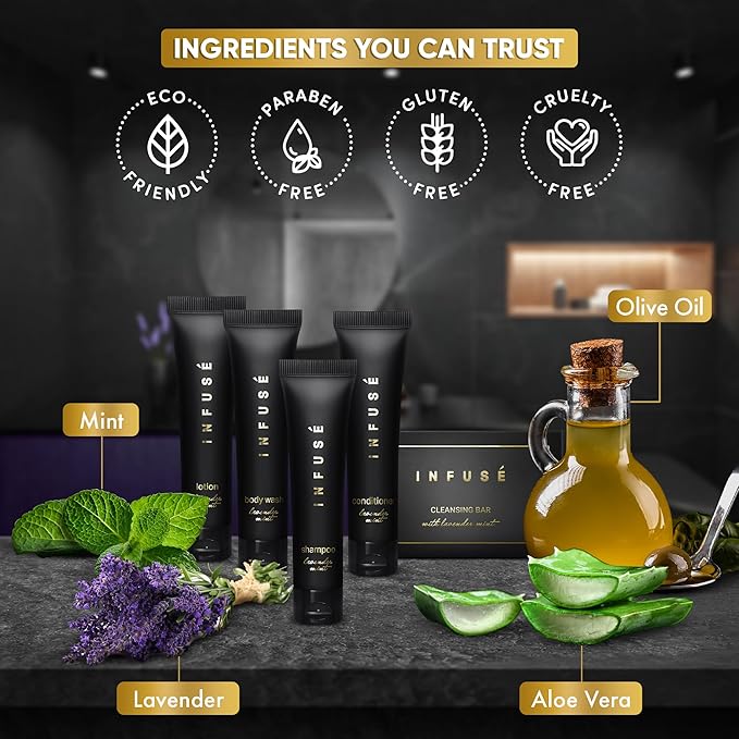 Infuse Black Amenity Kit | Boxed Hotel Toiletries | Bulk Set 1 oz Travel Size Shampoo, Conditioner, Lotion, Body Wash & Cleansing Bar for Guest Hospitality AirBnB/Vacation Rentals | 300 Pieces-Velvo Beauty