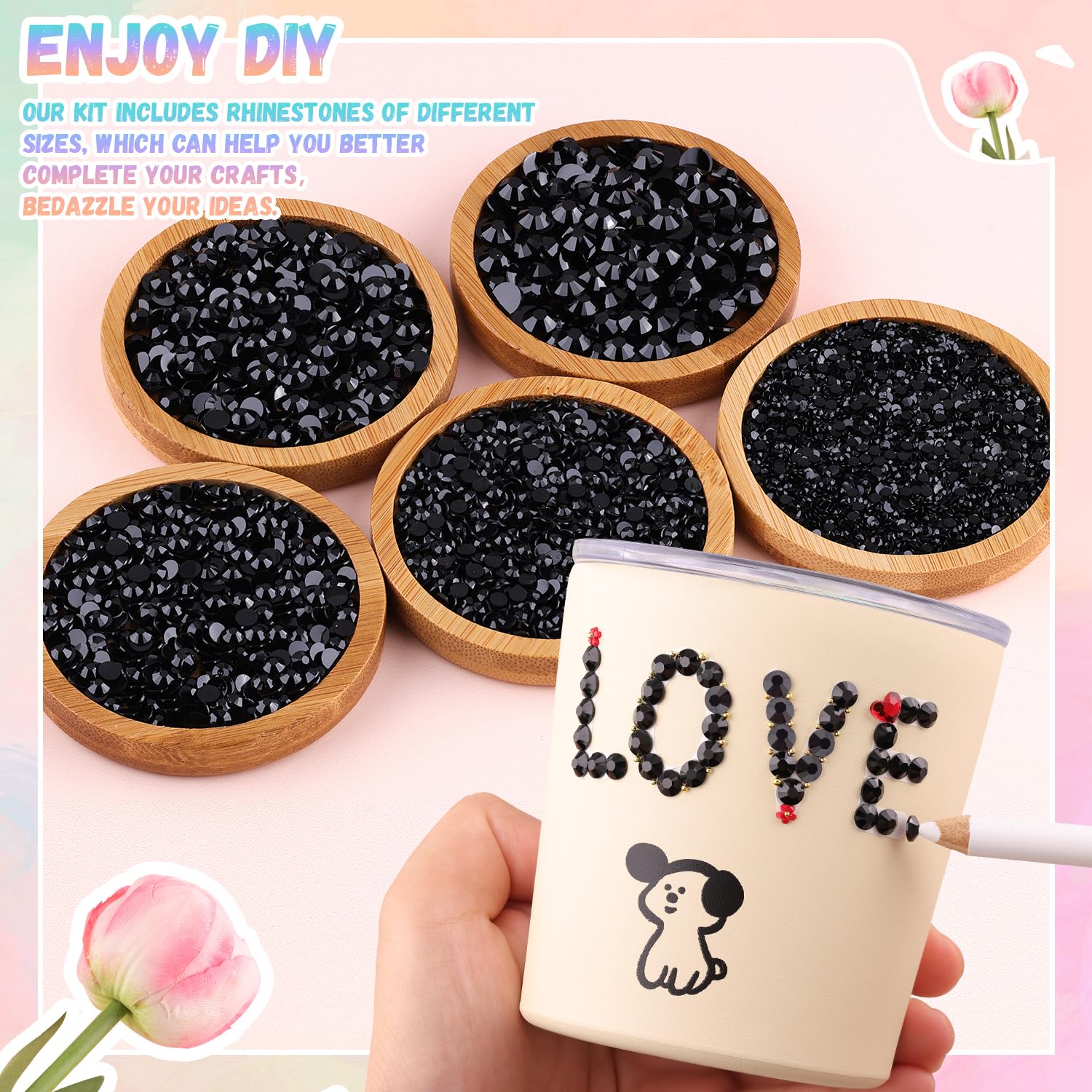 30000Pcs Resin Black Rhinestones with B7000 Jewelry Glue for Crafting, 2-6mm Non Hotfix Flatback Gems, Bedazzling Crystal for DIY Crafts Clothing Tumblers Mugs Shoes Fabric Decor Nail Art-Velvo Beauty