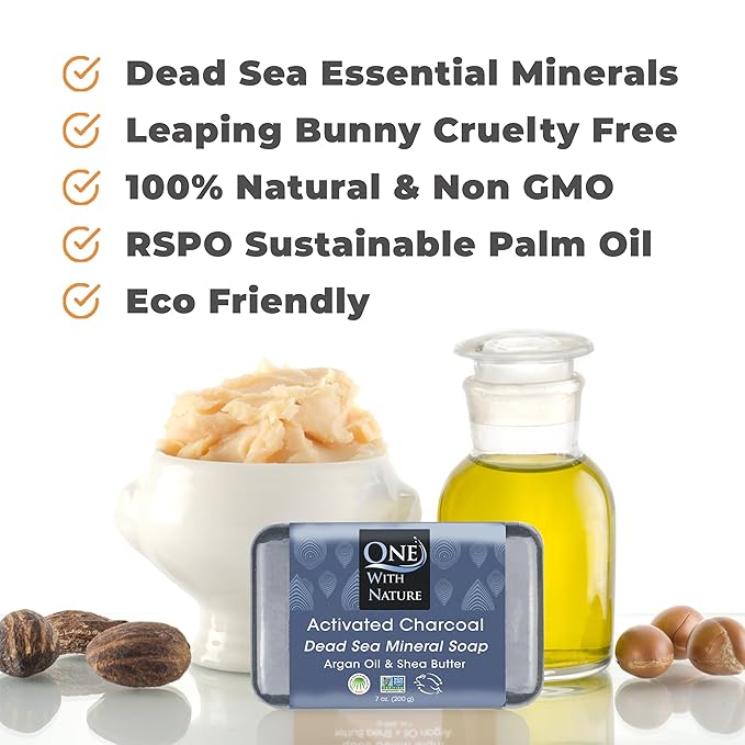 One With Nature Activated Charcoal Soap 7oz 3-Pack – Detoxifying and Exfoliating Charcoal Soap Bar with Dead Sea Salt for Face & Body, for Men & Women-Velvo Beauty