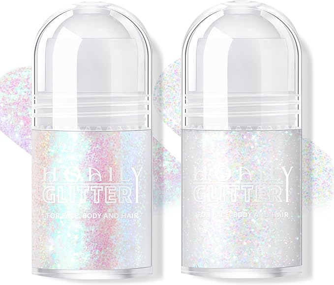 2 Colors Roll-on Body Glitter Gel, Holographic Glitter Gel Under Light for Face Hair, Body Shimmer for Rave Accessories Christmas New Year Halloween Makeup (11+13)-Velvo Beauty