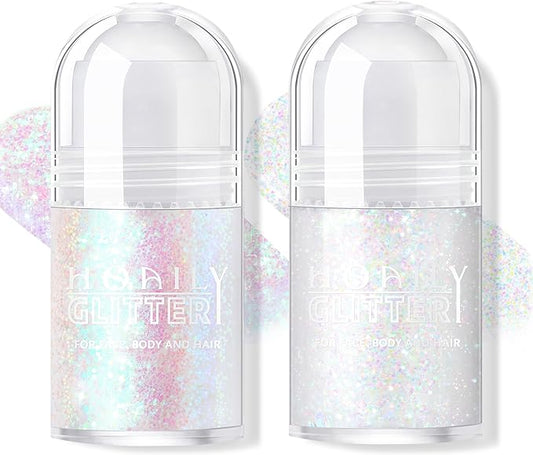 2 Colors Roll-on Body Glitter Gel, Holographic Glitter Gel Under Light for Face Hair, Body Shimmer for Rave Accessories Christmas New Year Halloween Makeup (11+13)-Velvo Beauty