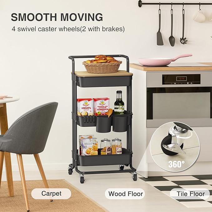 DTK 3 Tier Rolling Cart Uility Cart with Cover Board, Mobile Storage Cart with Wheels, Cups, Hooks for Office Utility Kitchen Bathroom Homeschool Art Craft Postpartum Teacher Cart Organizer(Black)-Velvo Beauty