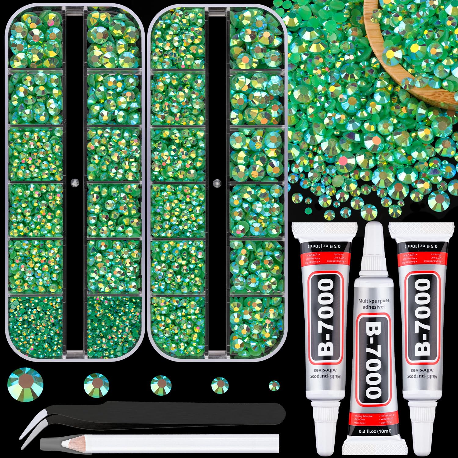 Resin Jelly Rhinestones for Crafting with B7000 Jewelry Glue, 2 Boxes Dark Green AB Flatback Crystals with 3Pcs 10ml Glue, Bedazzling Non Hotfix Gems for DIY Tumblers Clothing Shoes Manicure-Velvo Beauty