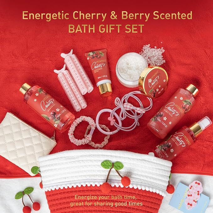 Spa Gifts for Women, Cherry & Berry Spa Gift Set for Teenage Tote Bag, Shower Gel, Hand & Body Lotion, Hitrees Birthday for Best Friend Woman, Mom, Mothers Day-Velvo Beauty